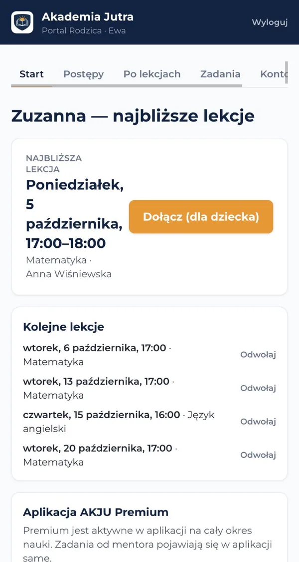 Portal Rodzica, zakładka Start: najbliższe lekcje i opłacone lekcje