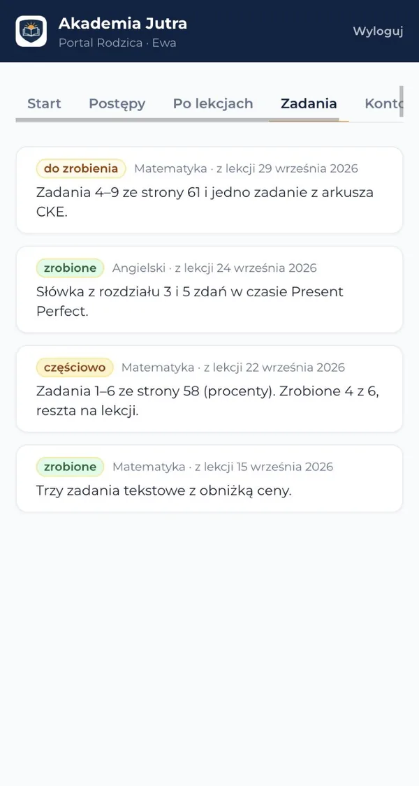 Portal Rodzica, zakładka Zadania ze statusami zadań domowych